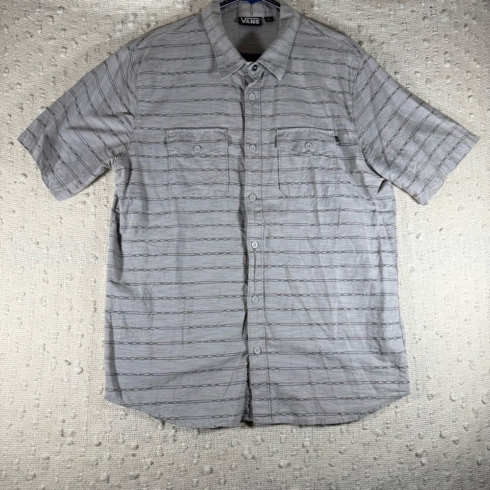 VANS Gray Striped Short Sleeve Button Down Shirt Men's Large‎ Collar Polo Casual